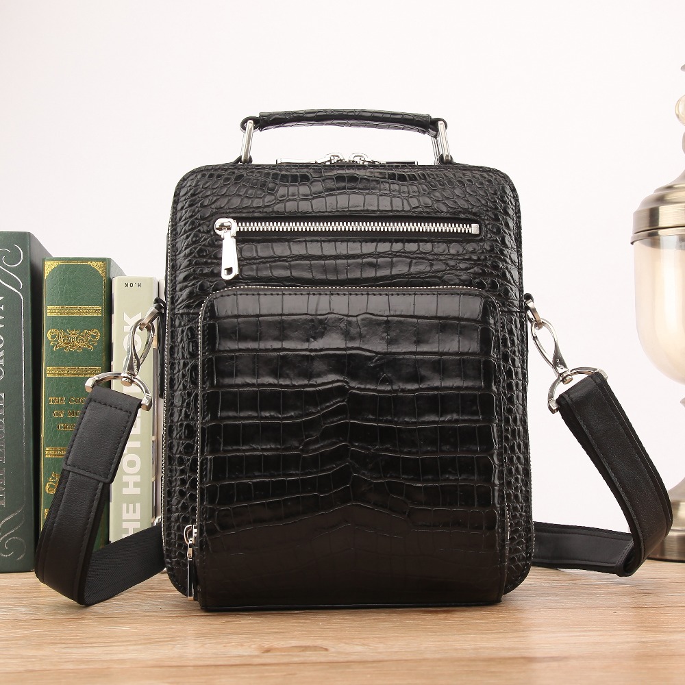Luxury Bags With Silver Hardware - ホット高級品質メンズ本物/本物の 100% ワニ腹皮メンズバッグ S サイズシルバーカラーのハードウェアジッパー黒色