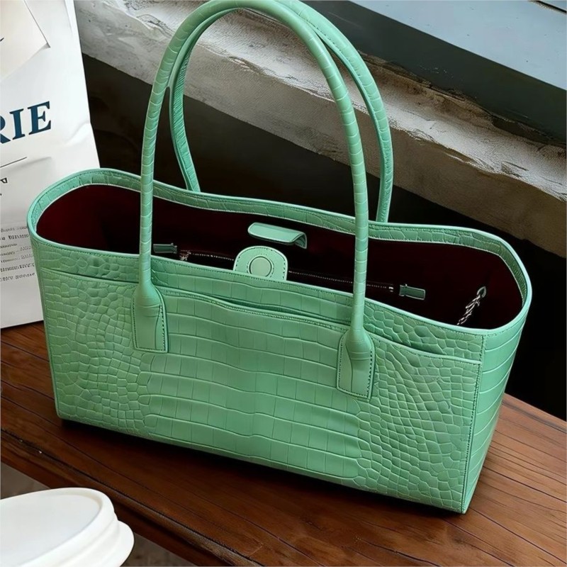 Luxury Bags Green - ヴィンテージグリーントートバッグ女性フェイククロコダイルレザー大容量ハイエンドハンドバッグレディース高級デザイン多用途ショルダーバッグ