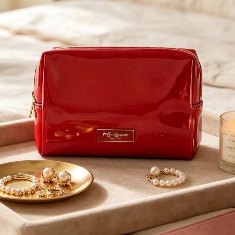 Luxury Bags Ysl - YSL BEAUTE レッドフェイクレザーメイクアップバッグ、ゴールドネームプレートジッパーポーチ、携帯用トラベルオーガナイザー、女性向け高級ギフト
