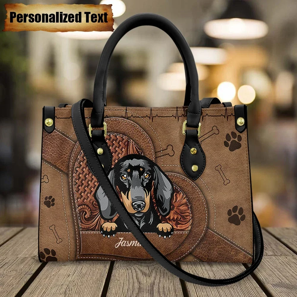 Luxury Bags Name For Women - 女性のためのレザーショルダーバッグパーソナライズされた名前かわいいダックスフント犬プリントカジュアルハンドバッグブランドデザイン高級トートバッグボルソス