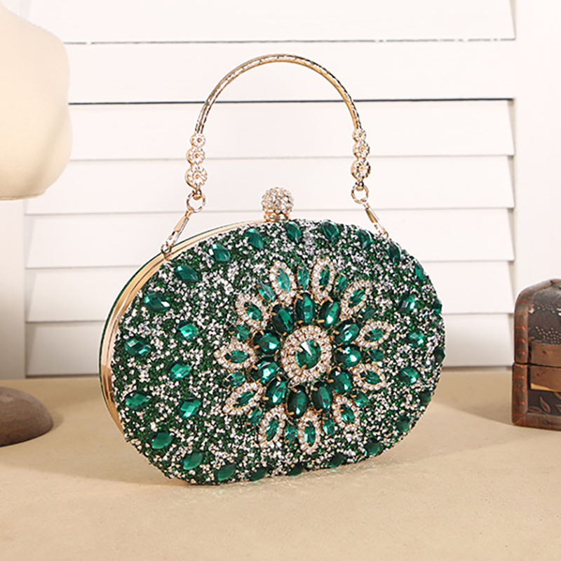 Luxury Bags Green - イブニングクラッチバッグ 結婚式パーティー用 高級オーバルグリーンラインストーンハンドバッグ デザイナーレディースフラワークリスタルショルダーバッグ