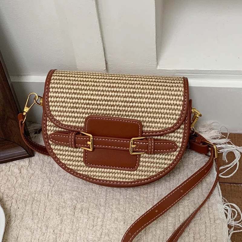 Luxury Bags For Women - イングランドスタイル ミニストローサドルバッグ レディース 高級デザイナーハンドバッグ パピルス編み PUベルトショルダー付き