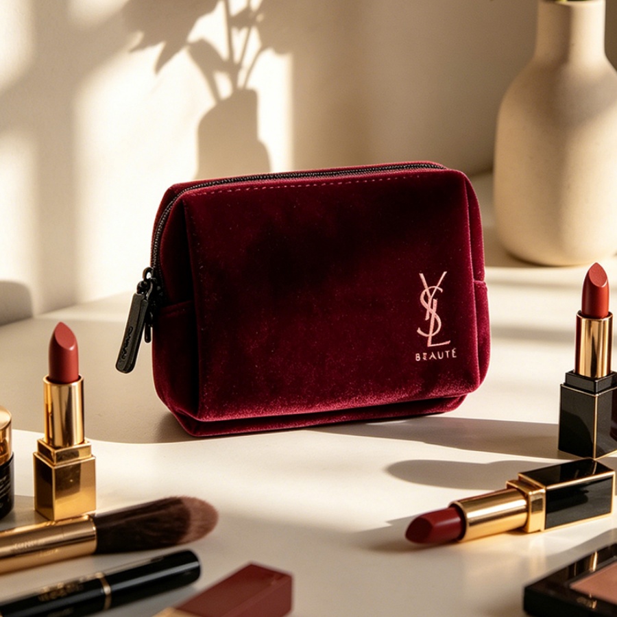 Luxury Designer Bags Ysl - YSLのバッグ ワインレッドベルベット ミニポータブルスクエアコスメティックバッグ ヴィンテージジッパー収納ポーチ 口紅、キー、カード用 エレガントなホリダ