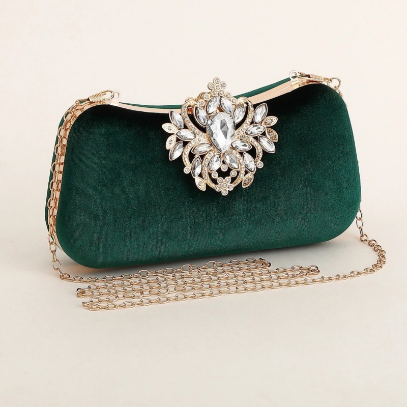 ダークグリーンベルベットクラッチバッグ高級ラインストーン花柄 - Luxury Bags Green のレビューと価格